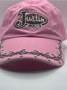 Justin Boots Pink Hat w/Barbed Wire & Rhinestones, Adjustable, Strapback, NWOT